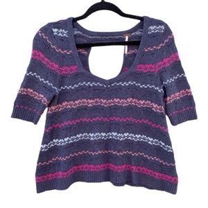 Free People Shimmer Knit Top Cutout Wool Blend Sz M Blue Fair Isle Loose Knit